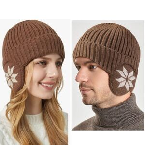 Brown Knit Beanie Hat Embroidered outdoor cycling ear protection Unisex One Size